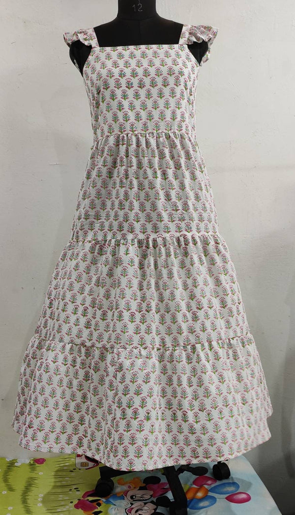 Hand Block Printed Dress, Pink Green Flower Indian Tunics, Hand Printed Dress, Indian Cotton Long Gown, Indian Cotton Dress, Printed Dress