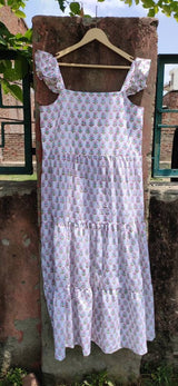 Hand Block Printed Dress, Pink Green Flower Indian Tunics, Hand Printed Dress, Indian Cotton Long Gown, Indian Cotton Dress, Printed Dress