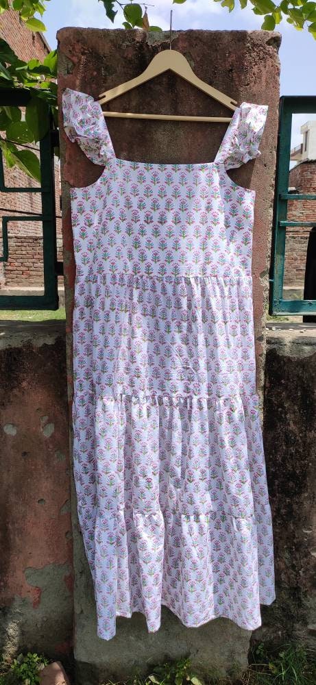 Hand Block Printed Dress, Pink Green Flower Indian Tunics, Hand Printed Dress, Indian Cotton Long Gown, Indian Cotton Dress, Printed Dress