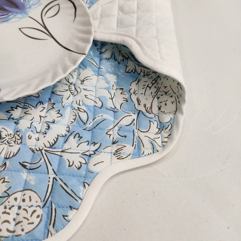 Light blue floral 4 Napkins and 4 Cotton Table quilted wave piped Placemats , Indian Vintage Handmade Floral Hand Block Printed Set