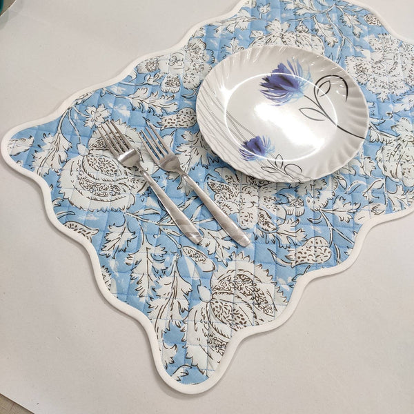 Light blue floral 4 Napkins and 4 Cotton Table quilted wave piped Placemats , Indian Vintage Handmade Floral Hand Block Printed Set
