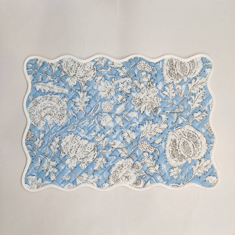 Light blue floral 4 Napkins and 4 Cotton Table quilted wave piped Placemats , Indian Vintage Handmade Floral Hand Block Printed Set