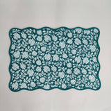 Teal blue floral 4 Napkins and 4 Cotton Table quilted wave piped Placemats , Indian Vintage Handmade Floral Hand Block Printed Set