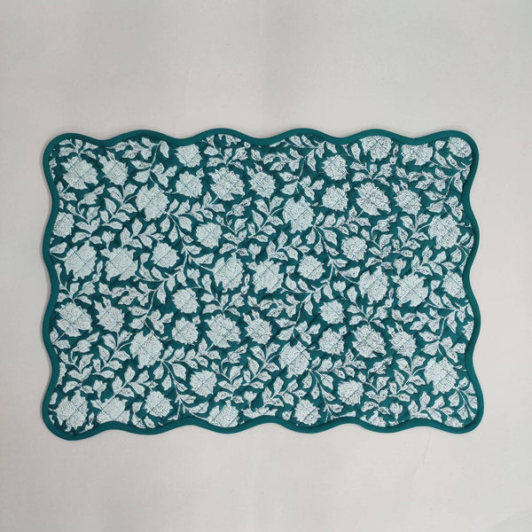 Teal blue floral 4 Napkins and 4 Cotton Table quilted wave piped Placemats , Indian Vintage Handmade Floral Hand Block Printed Set
