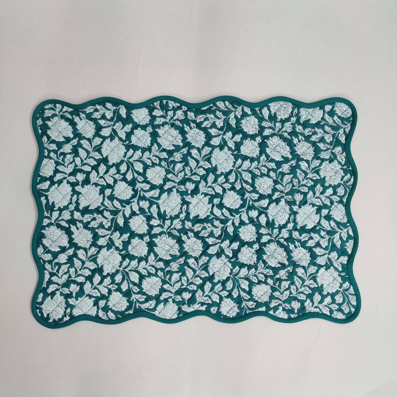 Teal blue floral 4 Napkins and 4 Cotton Table quilted wave piped Placemats , Indian Vintage Handmade Floral Hand Block Printed Set