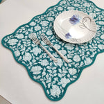 Teal blue floral 4 Napkins and 4 Cotton Table quilted wave piped Placemats , Indian Vintage Handmade Floral Hand Block Printed Set