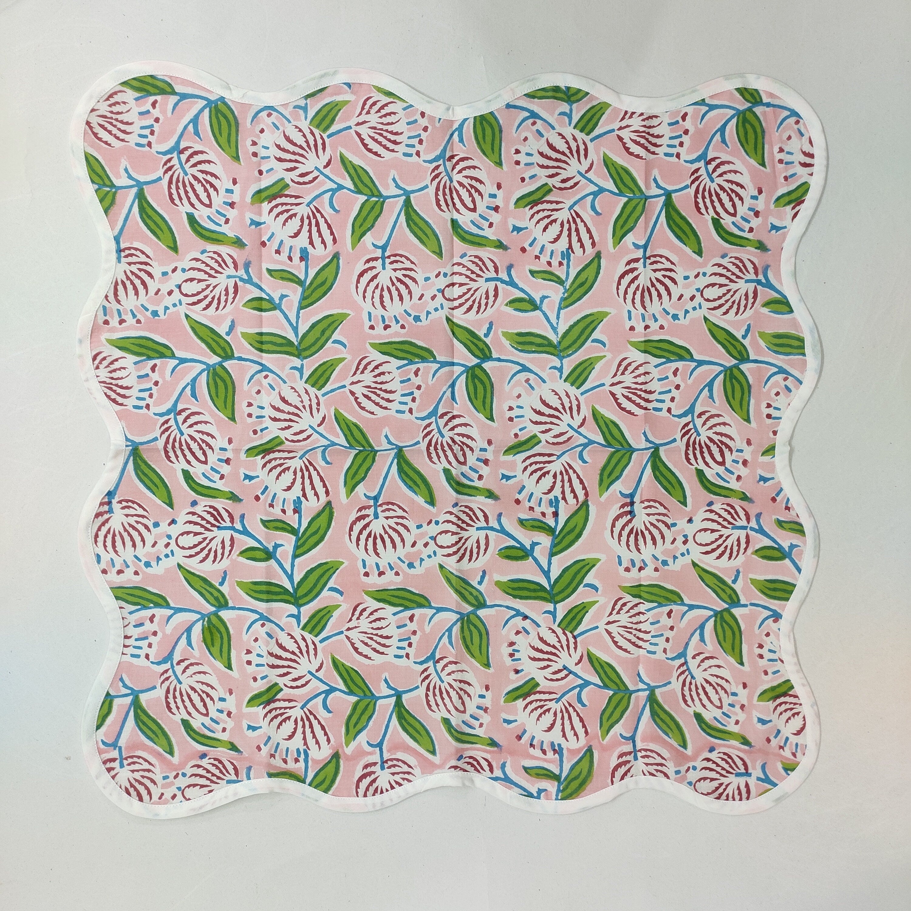 Floral Cotton Pink Piping wave scallop napkin, personalised gift ,Sustainable Cloth Cotton Napkins Set of 4, Print by Hand Block