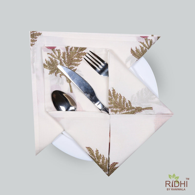 Salmon and Thulian Pink, Moss Green Indian Hand Block Printed 100% Pure Cotton Cloth Napkins, 9x9"- Cocktail Napkins, 20x20"- Dinner Napkins