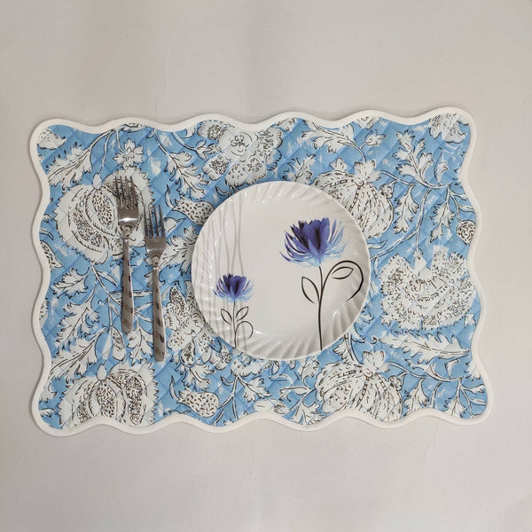 Light blue floral 4 Napkins and 4 Cotton Table quilted wave piped Placemats , Indian Vintage Handmade Floral Hand Block Printed Set
