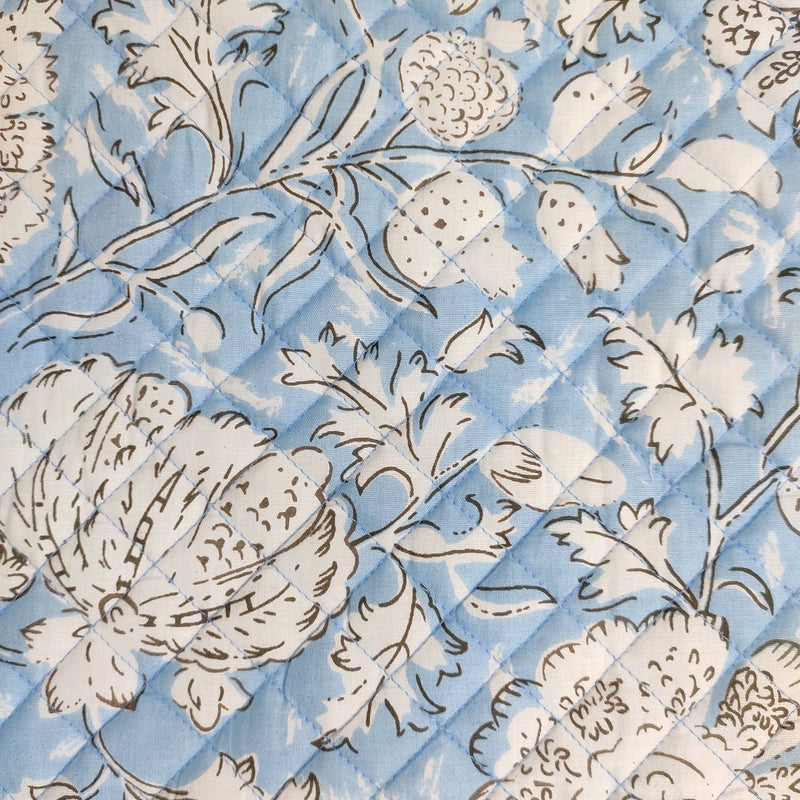 Light blue floral 4 Napkins and 4 Cotton Table quilted wave piped Placemats , Indian Vintage Handmade Floral Hand Block Printed Set