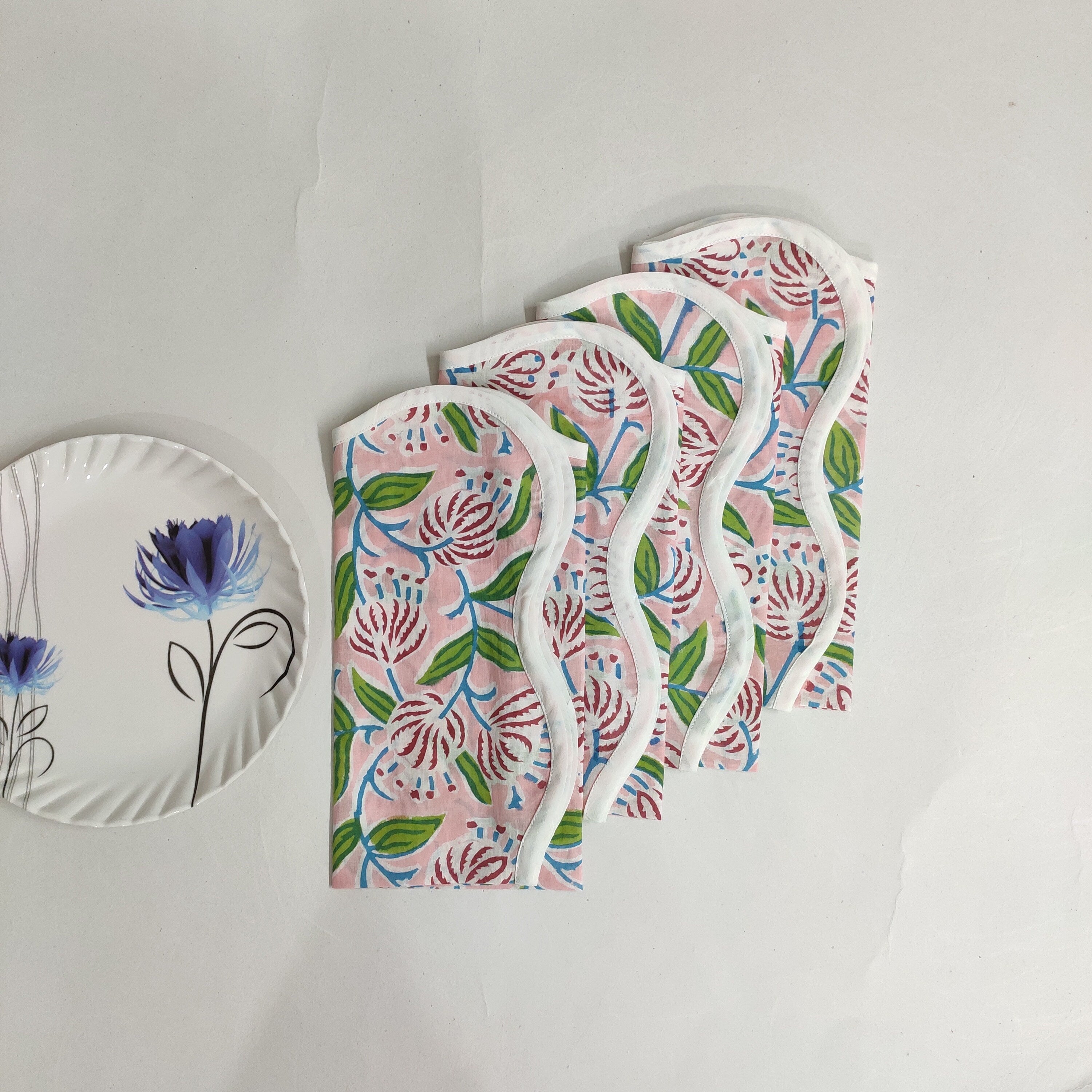 Floral Cotton Pink Piping wave scallop napkin, personalised gift ,Sustainable Cloth Cotton Napkins Set of 4, Print by Hand Block