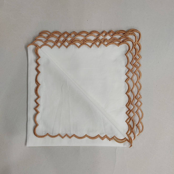 Gold White linen cloth scallop napkins set Wedding napkins for table decor 20''x20'' size set of 4 embroidered napkins