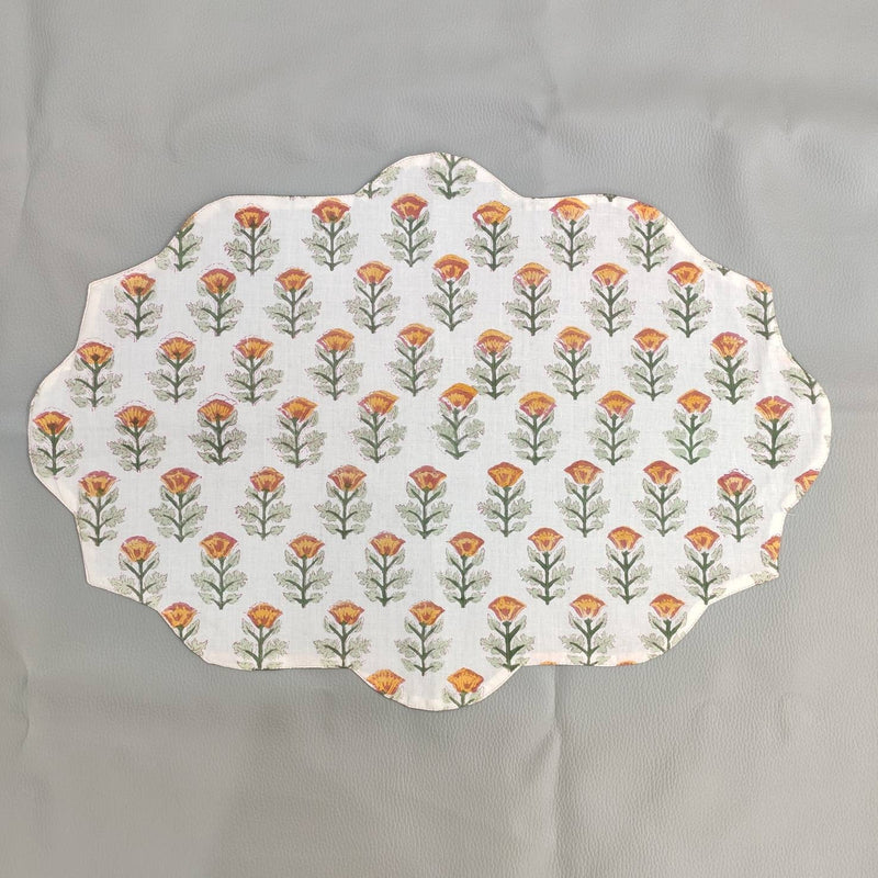 Table Mat Green and beige India Block Print Quilted, Placemats, Scallop ,Set of 2 housewarming gift, Coffee Table Decorwave