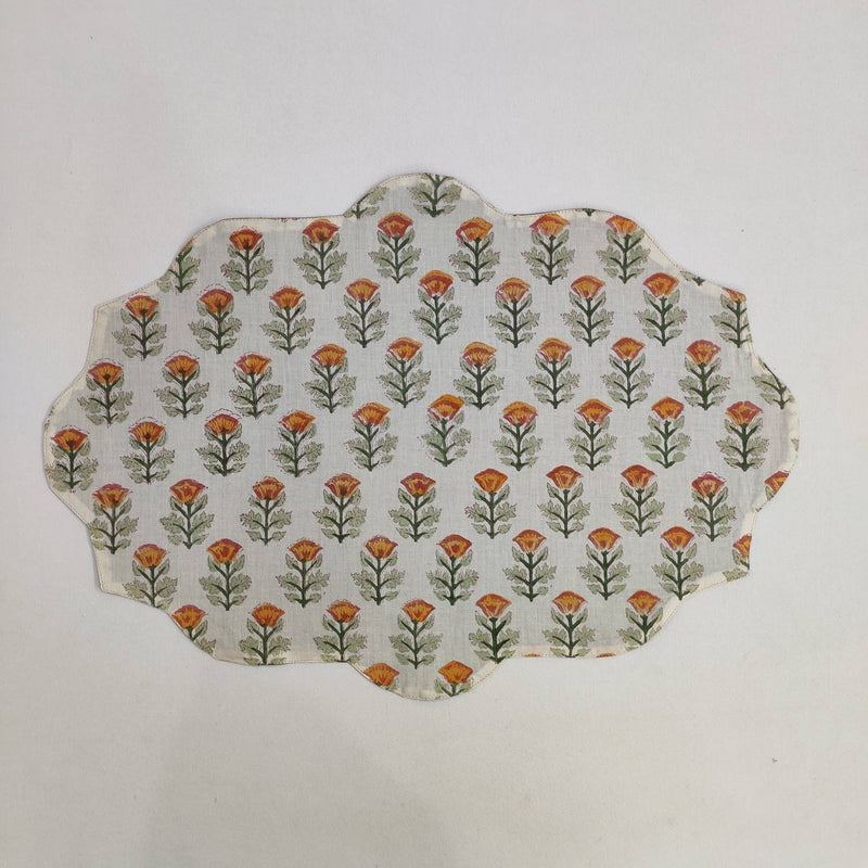 Table Mat Green and beige India Block Print Quilted, Placemats, Scallop ,Set of 2 housewarming gift, Coffee Table Decorwave