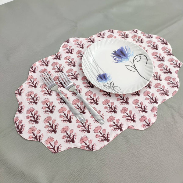 Table Mat Pink and white India Block Print Quilted, Placemats, Scallop ,Set of 2 housewarming gift, Coffee Table Decorwave