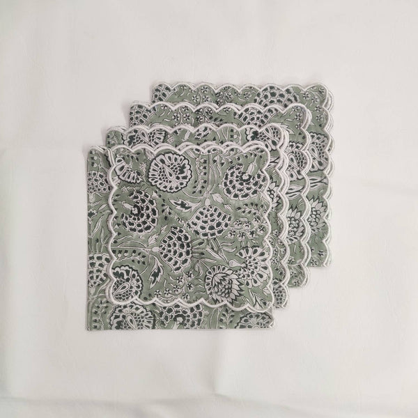 Designer Cotton Napkins with Trimming lace, Set of 4, Scallop edge Napkin,Hand block printed Sustainable Cloth Napkins