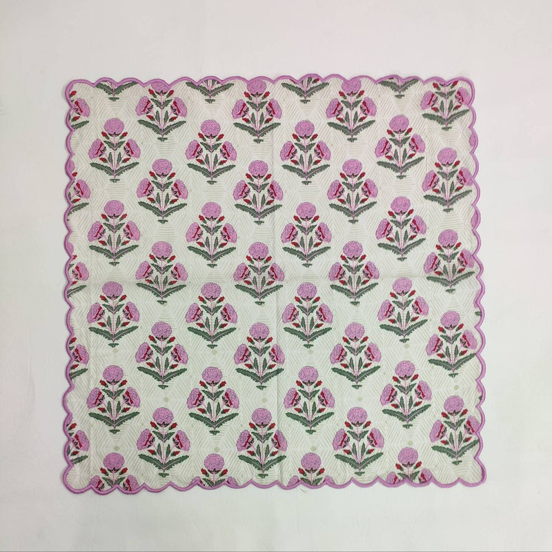 Designer Cotton scalloped Napkins with Trimming embroidered, Set of 4, Scallop edge Napkin,Hand block printed Sustainable Cloth Napkins