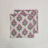 Designer Cotton scalloped Napkins with Trimming embroidered, Set of 4, Scallop edge Napkin,Hand block printed Sustainable Cloth Napkins