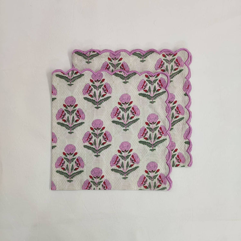 Designer Cotton scalloped Napkins with Trimming embroidered, Set of 4, Scallop edge Napkin,Hand block printed Sustainable Cloth Napkins