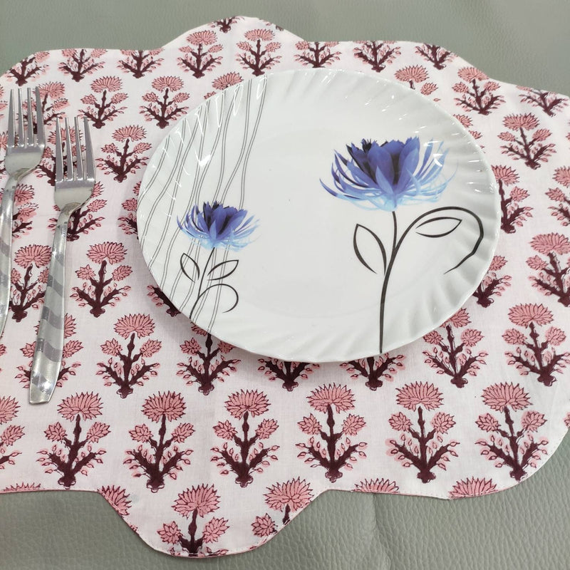 Table Mat Pink and white India Block Print Quilted, Placemats, Scallop ,Set of 2 housewarming gift, Coffee Table Decorwave