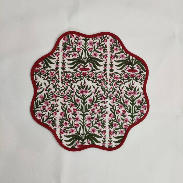 Christmas Flower Placemat, 'Block Print' fabric table mat easy care, machine washable rustic kitchen decor dining mat+napkin