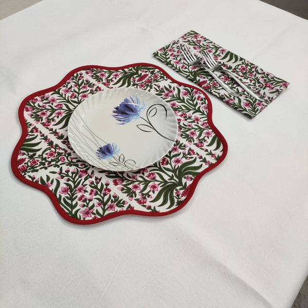 Christmas Flower Placemat, 'Block Print' fabric table mat easy care, machine washable rustic kitchen decor dining mat+napkin