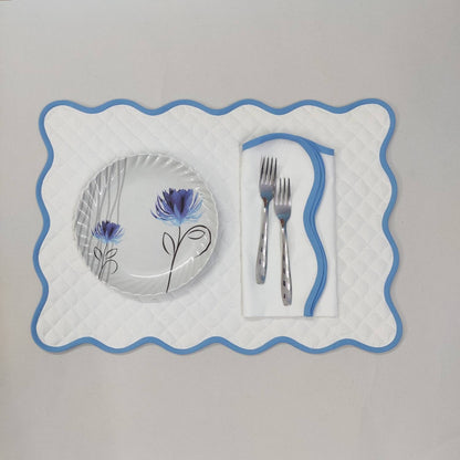 Quilted wave Table Linens PlaceMats White Piping Napkins and Cotton wave scallop cloth cocktail napkins for Dinner Table, Christmas Gift