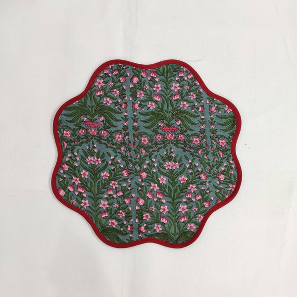 Sage Green Flower Placemat, 'Block Print' fabric table mat easy care, machine washable rustic kitchen decor dining mat set of 2