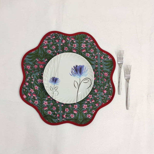 Sage Green Flower Placemat, 'Block Print' fabric table mat easy care, machine washable rustic kitchen decor dining mat set of 2