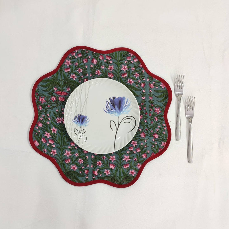 Sage Green Flower Placemat, 'Block Print' fabric table mat easy care, machine washable rustic kitchen decor dining mat set of 2
