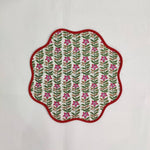 Christmas Red pink Green Flower Placemat, 'Block Print' fabric table mat easy care,machine washable rustic kitchen decor dining mat set of 2