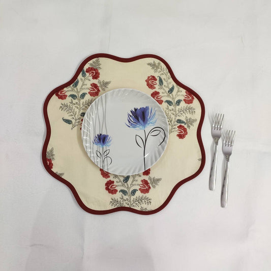 Christmas Red pink blue Flower Placemat, 'Block Print' fabric table mat easy care, machine washable rustic kitchen decor dining mat set of 2