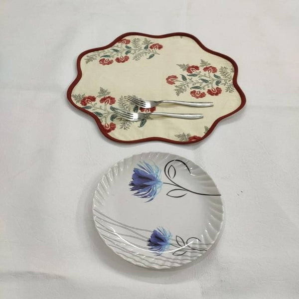 Christmas Red pink blue Flower Placemat, 'Block Print' fabric table mat easy care, machine washable rustic kitchen decor dining mat set of 2