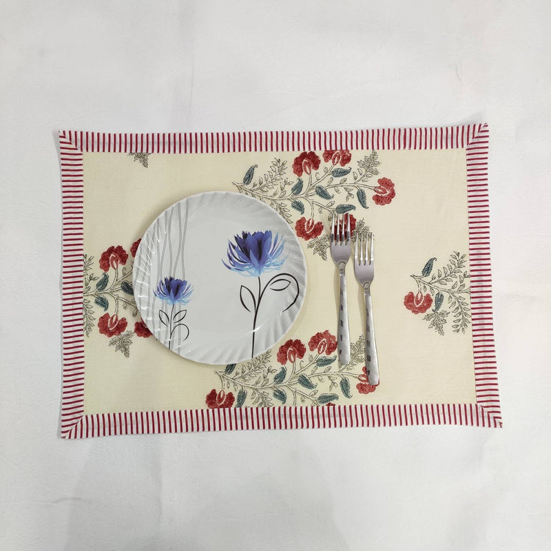 Striped Table Mat Red Green and beige India Block Print Quilted, Placemats, Scallop ,Set of 2 housewarming gift, Coffee Table Decorwave