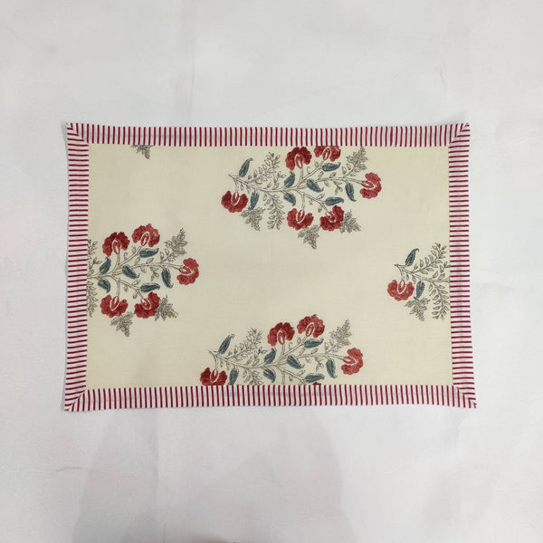 Striped Table Mat Red Green and beige India Block Print Quilted, Placemats, Scallop ,Set of 2 housewarming gift, Coffee Table Decorwave