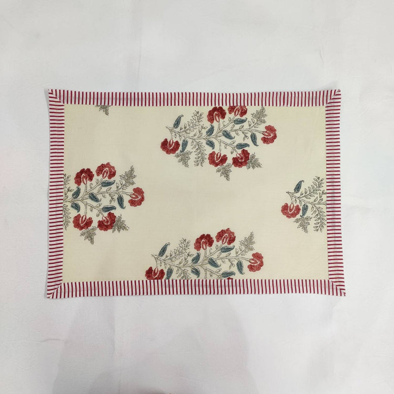 Striped Table Mat Red Green and beige India Block Print Quilted, Placemats, Scallop ,Set of 2 housewarming gift, Coffee Table Decorwave
