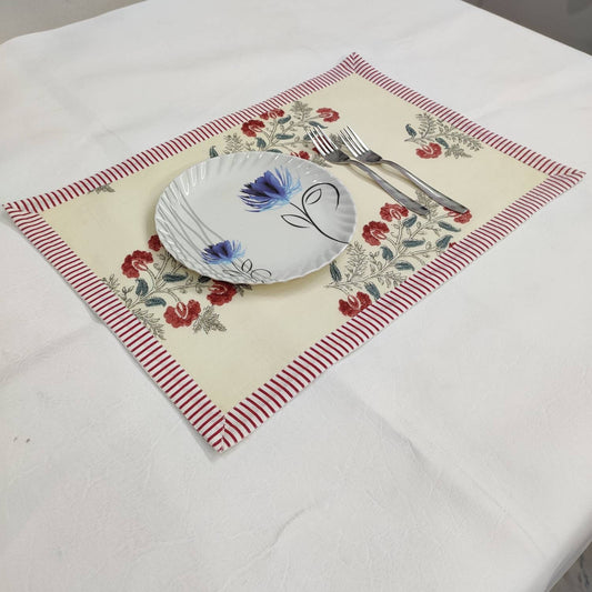 Striped Table Mat Red Green and beige India Block Print Quilted, Placemats, Scallop ,Set of 2 housewarming gift, Coffee Table Decorwave