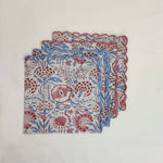 Printed Cotton scalloped Napkins with Trimming embroidered, Set of 4, Scallop edge Napkin,Hand block printed Sustainable Cloth Napkins