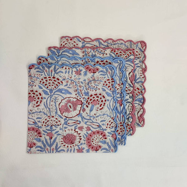 Printed Cotton scalloped Napkins with Trimming embroidered, Set of 4, Scallop edge Napkin,Hand block printed Sustainable Cloth Napkins