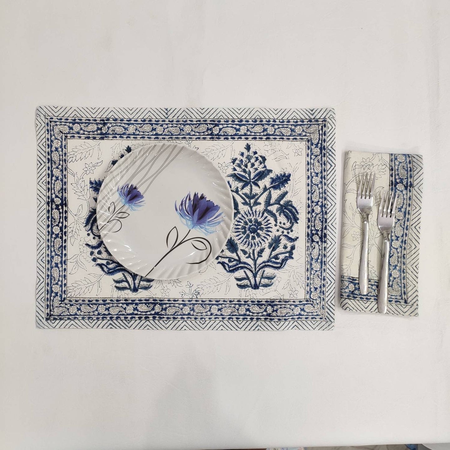 Cotton printed Mats Table Linens floral 6 Napkins and 6 Cotton Table  Placemats ,Indian Floral Hand Block Printed Set