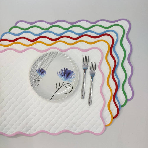 Quilted wave Table Linens PlaceMats White Piping Napkins and Cotton wave scallop cloth cocktail napkins for Dinner Table, Christmas Gift