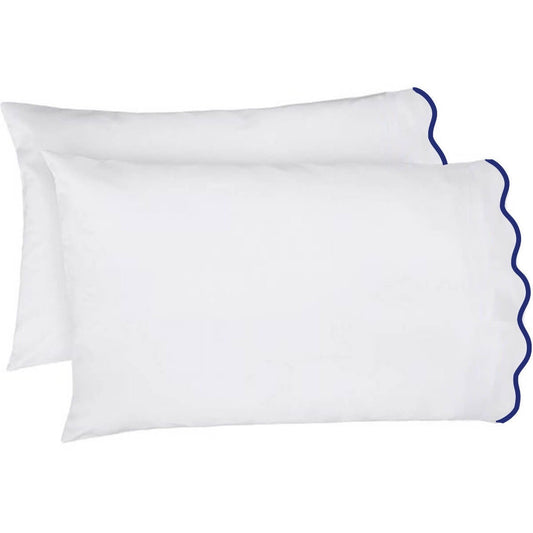 400 Thread Count White Cotton Percale Scalloped Piping Hotel Stitch Pillowcase