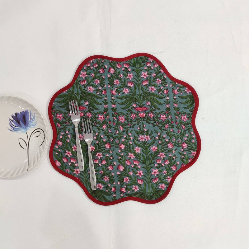 Sage Green Flower Placemat, 'Block Print' fabric table mat easy care, machine washable rustic kitchen decor dining mat set of 2