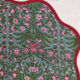 Sage Green Flower Placemat, 'Block Print' fabric table mat easy care, machine washable rustic kitchen decor dining mat set of 2