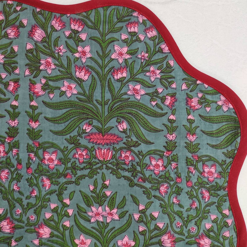 Sage Green Flower Placemat, 'Block Print' fabric table mat easy care, machine washable rustic kitchen decor dining mat set of 2