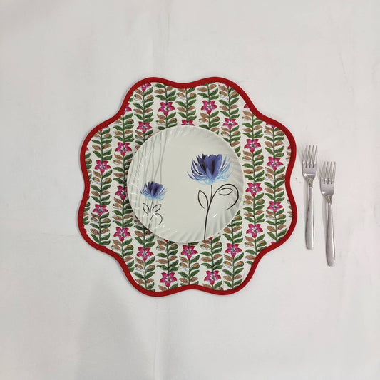 Christmas Red pink Green Flower Placemat, 'Block Print' fabric table mat easy care,machine washable rustic kitchen decor dining mat set of 2