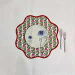 Christmas Red pink Green Flower Placemat, 'Block Print' fabric table mat easy care,machine washable rustic kitchen decor dining mat set of 2