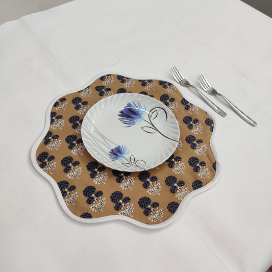 Christmas blue beige Flower Placemat, 'Block Print' fabric table mat easy care, machine washable rustic kitchen decor dining mat set of 2