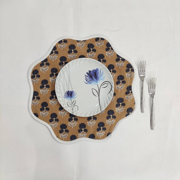 Christmas blue beige Flower Placemat, 'Block Print' fabric table mat easy care, machine washable rustic kitchen decor dining mat set of 2