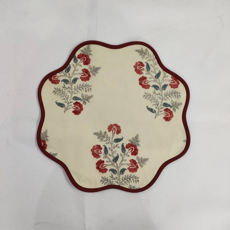 Christmas Red pink blue Flower Placemat, 'Block Print' fabric table mat easy care, machine washable rustic kitchen decor dining mat set of 2